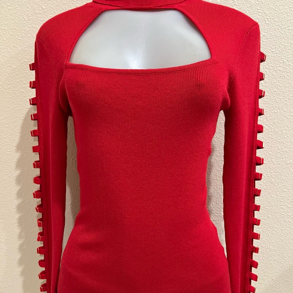 GUESS NEW High Neck Sweater. Cut out details on sleeves. Scarlett Red NWT - Picture 2 of 8